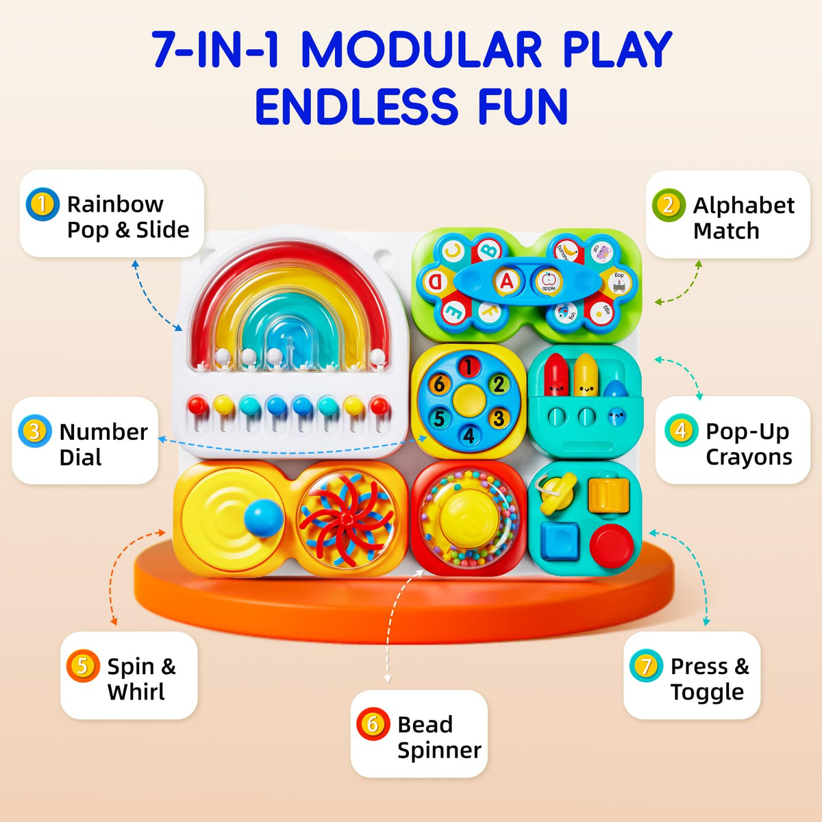 auby Busy Board 3.0 Detachable & Assemblable Toy for Toddlers 1+ | Portable Learning Activity Board with 7 Travel-Friendly Tools, Fine Motor Skills Development