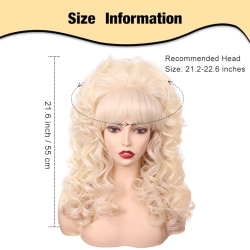 FantaLook Blonde Long Curly Wig with Bangs, Vintage Costume Wig for Women | Retro 60s 70s 80s styling wig, ideal for queen cosplay, Halloween party, disco & themed fancy dress events.