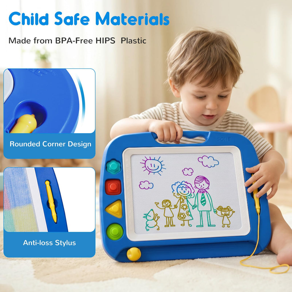 SGILE Magnetic Drawing Board for Kids, Toddler Doodle Toys, Large 16 × 13" | Etch & Sketch Pad with 4 Magnet Stamps, Girls & Boys' Birthday Gift,1-4 Year Old, Learning & Educational, Writing Play, Blue
