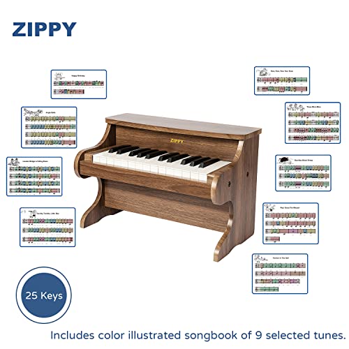 ZIPPY Kids Piano Keyboard, 25 Keys Digital Piano for Kids, Mini Music Educational Instrument Toy, Wood Toy for Toddlers Girls Boys (Walnut)