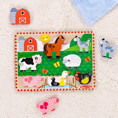 Melissa & Doug Farm Animals Wooden Chunky Puzzle 8-Piece Set | 8 Chunky Wooden Pieces, Stand-Up Farm Animals and Barn, Motor Skill Building Puzzle Play, Toddler Toys for Kids, Ages 2+