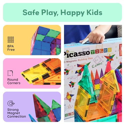 PicassoTiles 100 Piece Magnetic Tiles, Clear 3D Building Blocks for Kids 3+ | No-limit scalable builds, hands-on magnet polarity fun, family group play, quick assemble & store, shape & color recognition