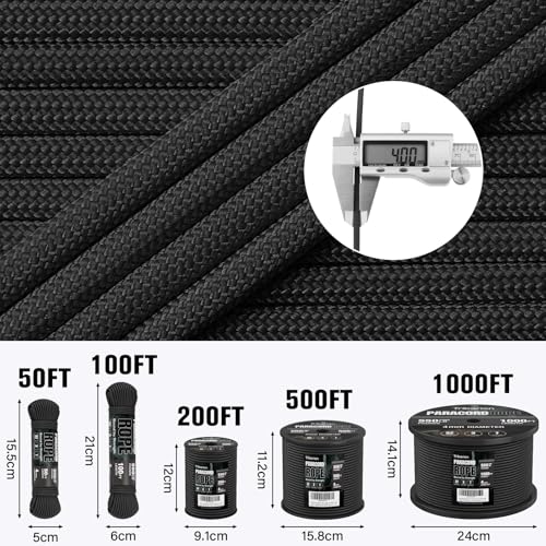 Paracord Rope 550 lb - 100ft 5/32" Parachute Cord 4MM 7-Strand para Cord - Heavy Duty Spool String for Survival,Camping Gear, Survival Bracelet, Clothesline - Black