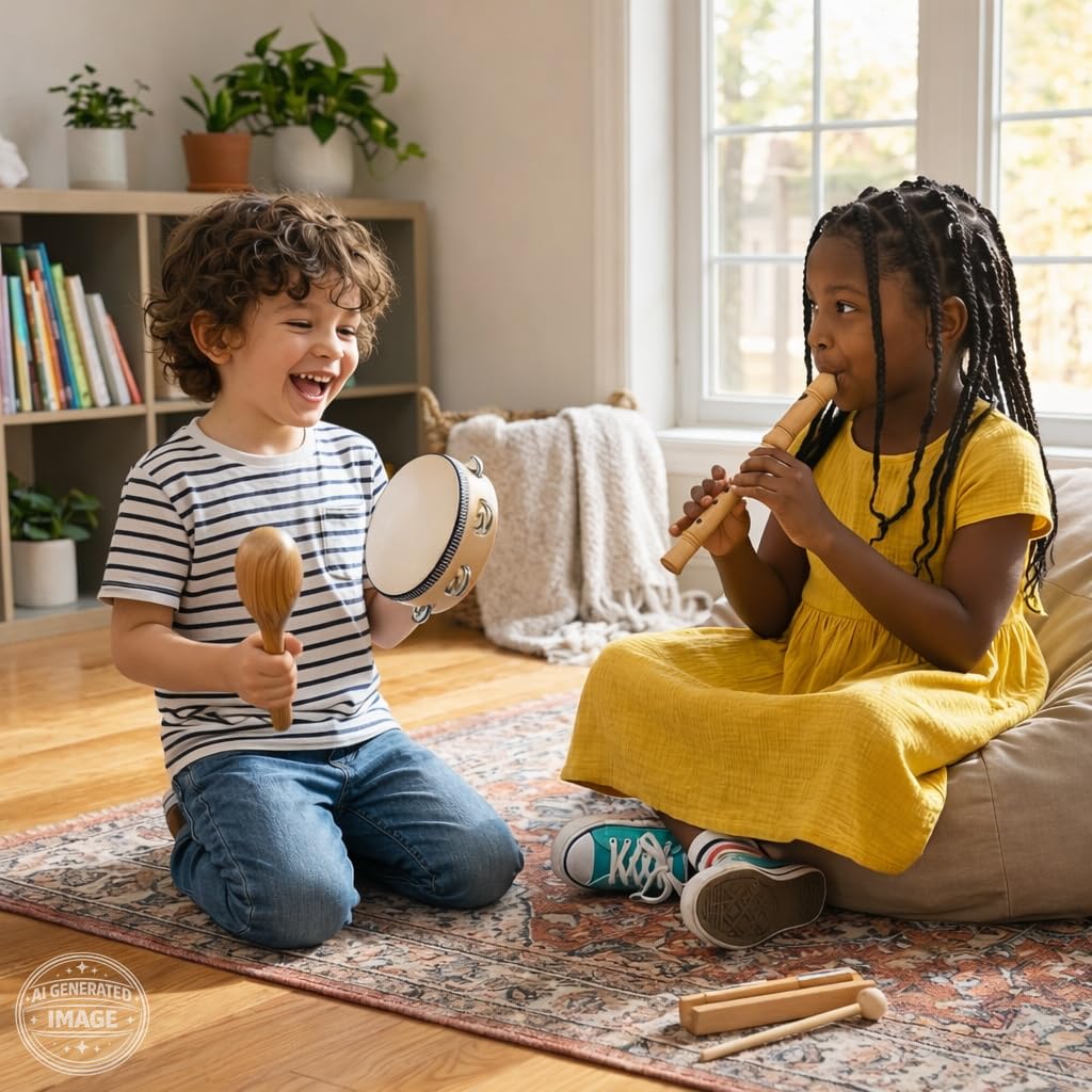 Stoie’s Wooden Musical Instruments for Kids Ages 3+, Montessori Music Toy Set for Kids with Drum, Tambourine, Maracas, Bells & Flute, Educational Preschool Toys for Boys & Girls