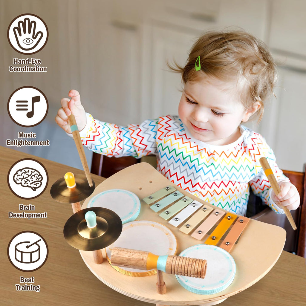 Wooden Drum Set Toys for 2-3 Year Old Montessori Musical Instruments Toy | Drum with Xylophone Birthday Gift for 18+ Months Boys Girls