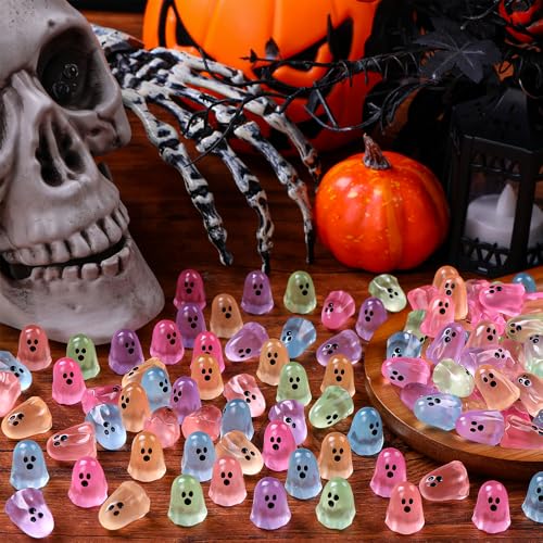 DULEFUN 100pcs Halloween Mini Ghosts Figures, Luminous Small Little Resin Ghost Figurines to Hide Glow in The Dark Tiny Statue for Halloween Party Favors Dollhouse Decorations Toys