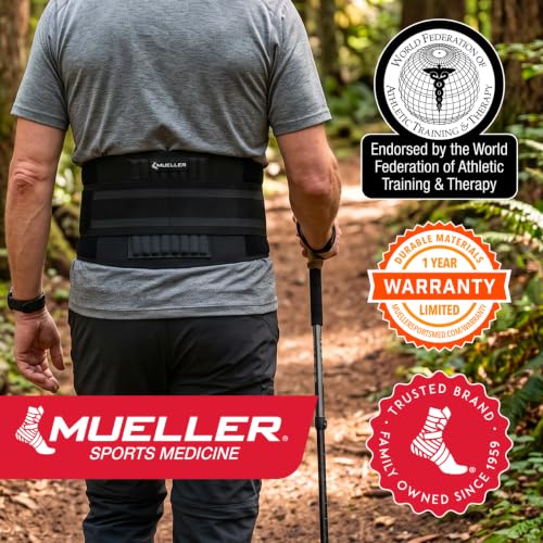 MUELLER Sports Medicine Adjustable Back Brace, Ideal for Upper and Lower Back Pain, Relief & Support for Men and Women, Strains, Sciatica, Scoliosis, Black
