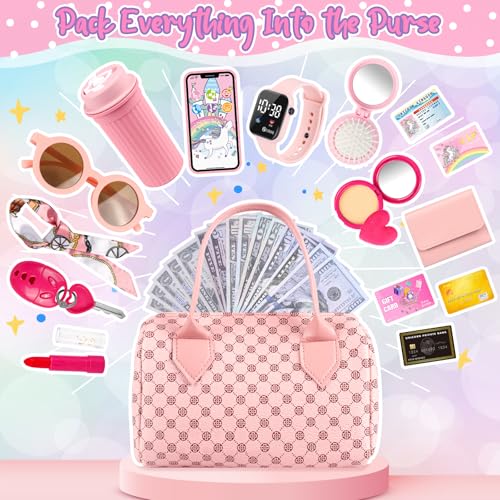 Oisacirg Play Purse with Watch, Phone, Pretend Play Toys for Girls Ages 3-8 | 32Pcs Role Play Set with Handbag, Water Bottle, Scarf, Pretend Makeup, Birthday Gifts, Mom-Daughter Bonding, Multi-Scene Play