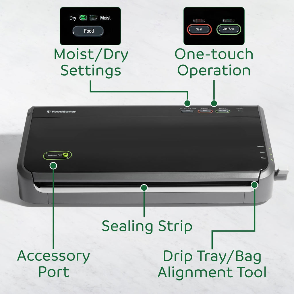 FoodSaver FM2100 Vacuum Sealer Machine, One-Touch Sealing, Roll Storage & Cutter, Dry & Moist Food, For Sous Vide Cooking, Accessory Port & Hose, Starter Bags & Roll Included