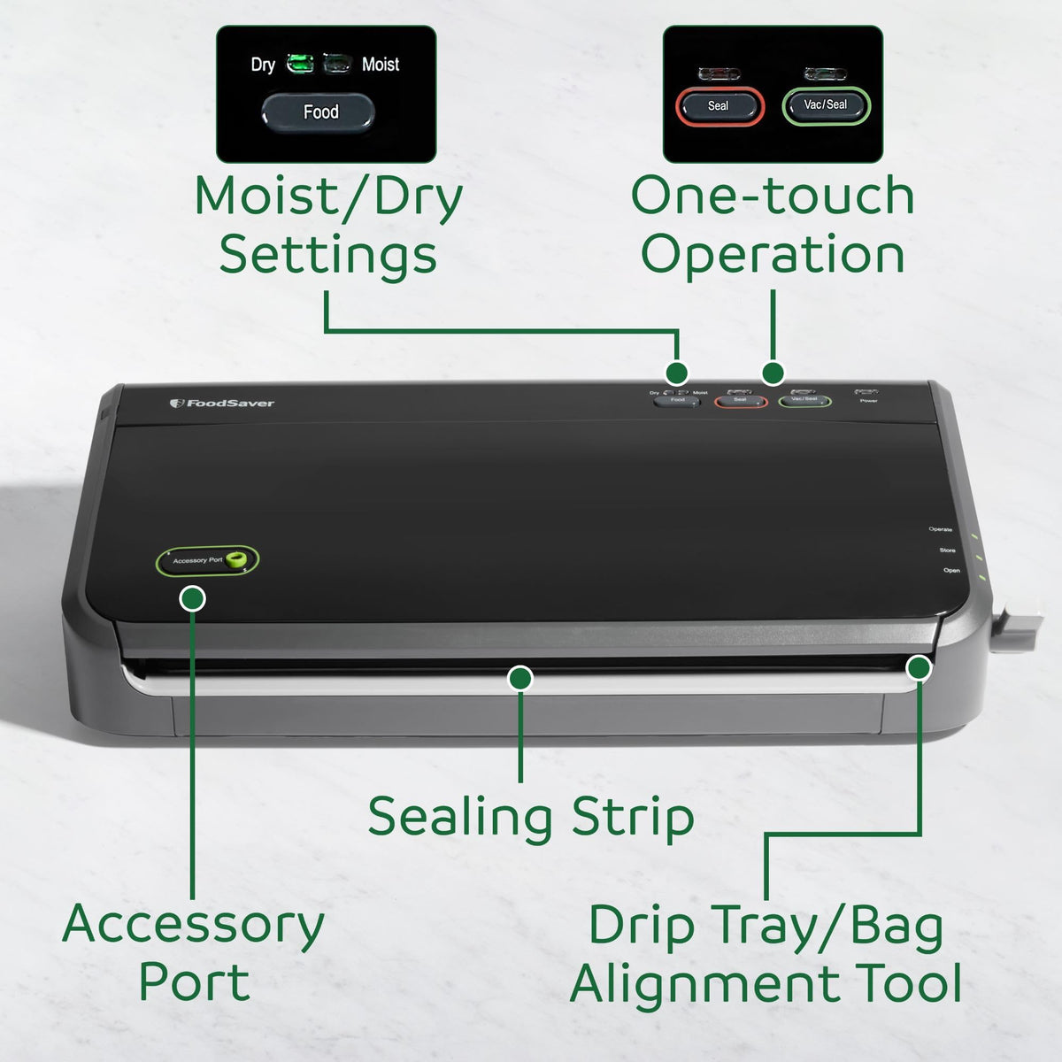 FoodSaver FM2100 Vacuum Sealer Machine, One-Touch Sealing, Roll Storage & Cutter, Dry & Moist Food, For Sous Vide Cooking, Accessory Port & Hose, Starter Bags & Roll Included