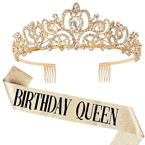 COCIDE Birthday Decorations for Women Sash and Tiara Crown for Party Gold | Happy Birthday Crowns for Adult Women, Party Decor Kit, Rhinestone Headband, Glitter Crystal Hair Accessories, Cake Topper