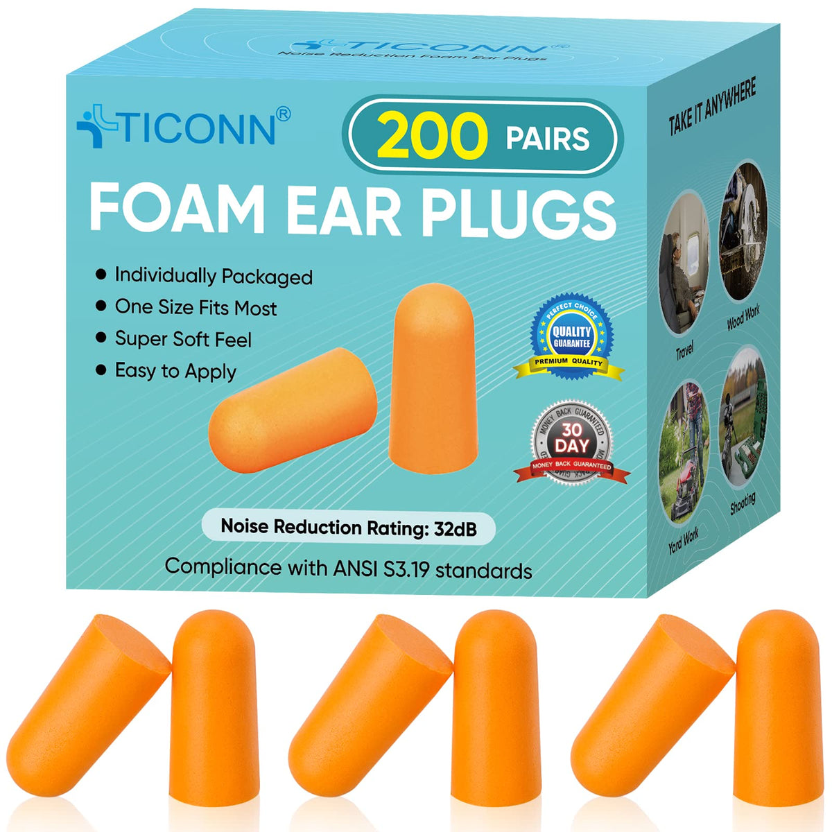 TICONN 200 Pairs Foam Ear Plugs Individually Wrapped, 32dB NRR for Sleep | Hearing Protection, Individually Wrapped, Secure Comfortable Fit, Disposable & Hygienic, for Study, Hunting, Work & Sleep