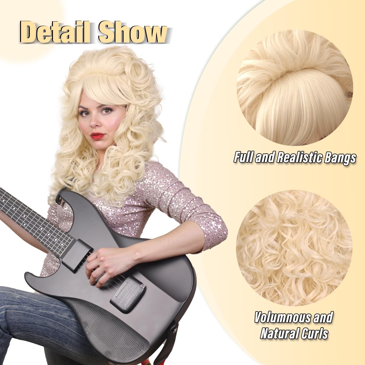 FantaLook Blonde Long Curly Wig with Bangs, Vintage Costume Wig for Women | Retro 60s 70s 80s styling wig, ideal for queen cosplay, Halloween party, disco & themed fancy dress events.