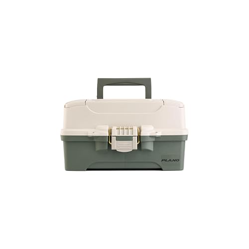 Plano Two-Tray Tackle Box, Green/Tan, Rust-Proof Brass Latch, Top-Access Tray with Deep Storage, Made in the USA, Portable Fishing Gear Storage Organizer