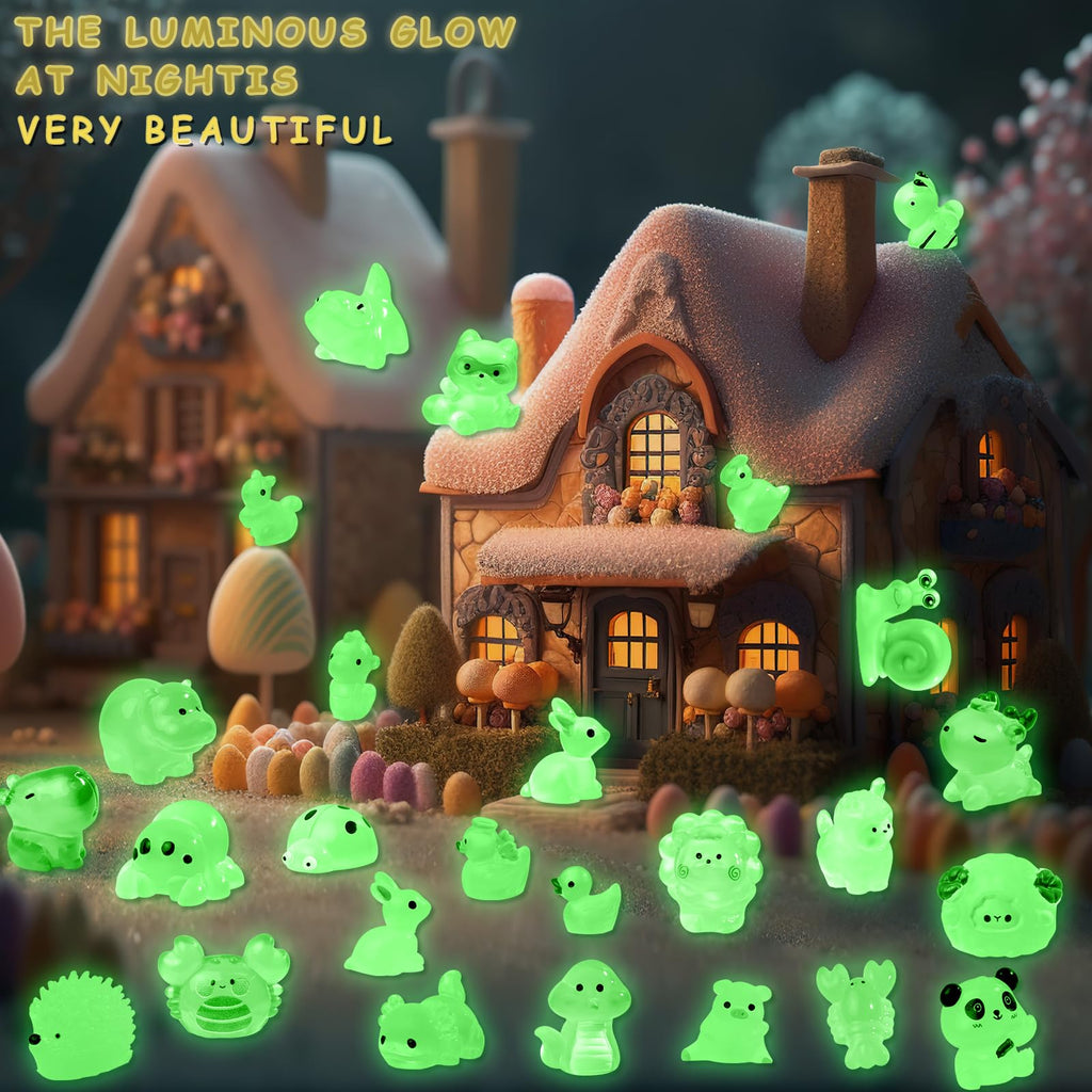 52Pcs Luminous Mini Resin Animals 52 Styles Miniature Glow in the Dark Resin Animal Figures to Hide Tiny Small Little Ducks Turtles Dinosaurs and Frogs for Micro Landscape Dollhouse Fairy Garden Decor