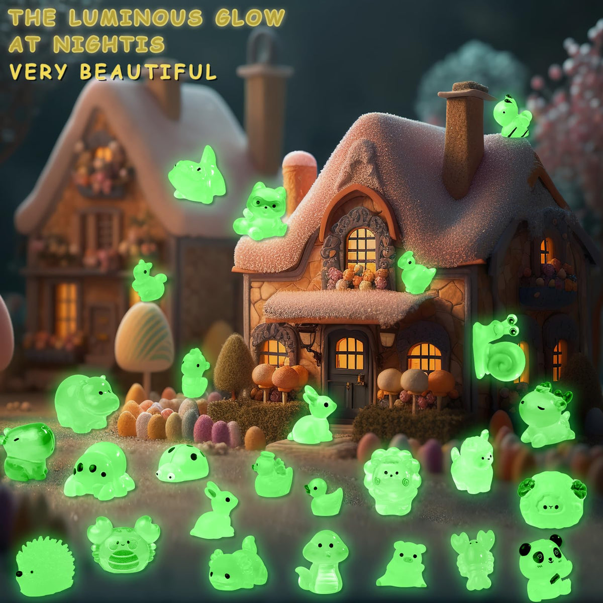 52Pcs Luminous Mini Resin Animals 52 Styles Miniature Glow in the Dark Resin Animal Figures to Hide Tiny Small Little Ducks Turtles Dinosaurs and Frogs for Micro Landscape Dollhouse Fairy Garden Decor
