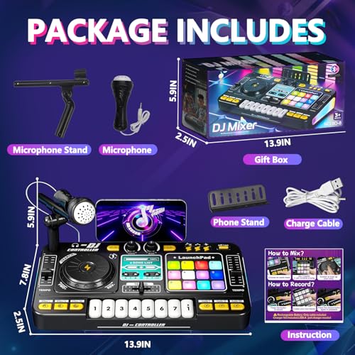 Tsomtto Kids DJ Mixer Table Musical Toy with Lights & Bluetooth | Electronic Music Toy with Microphone Piano, DJ Mixer Controller Toys Birthday Christmas Gifts for 3 4 5 6 Year Old Boys Girls
