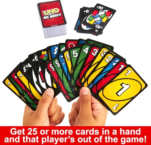 Mattel Games UNO Show ‘em No Mercy Card Game in Storage Tin,Ages 7+ | Extra Cards, Special Rules & Tougher Penalties for Kids, Teens & Family Game Night, 2-6 Players (Amazon Exclusive)