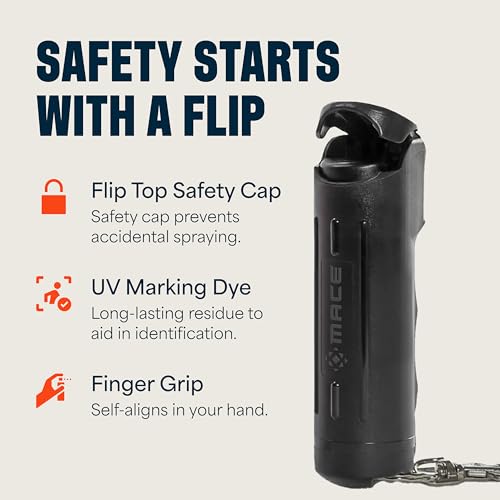 Mace Pepper Spray - Maximum Police Strength OC with UV Dye, Fast Flip Top, Ergonomic Finger Grip, Easy Carry Keychain, 12 Feet Range, 0.42 oz Compact Model, Self Defense Pepper Spray for Women & Men