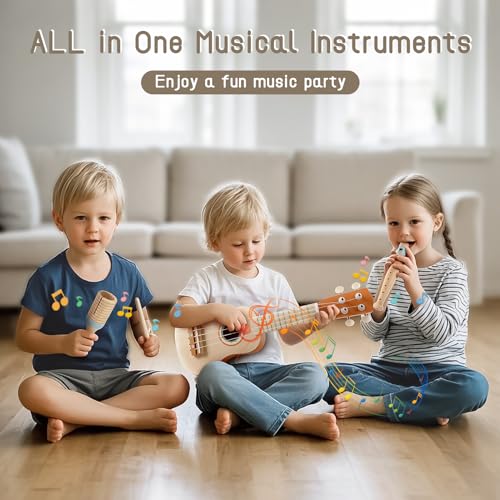 Vanplay Kids Guitar Set, 7-Piece Wooden Musical Instruments for Toddler 2-3 | Musical Band Set with wooden Ukulele/Flute/Maracas/Tambourine, Christmas/Birthday Gift for Boys & Girls Age 2 3 4 5