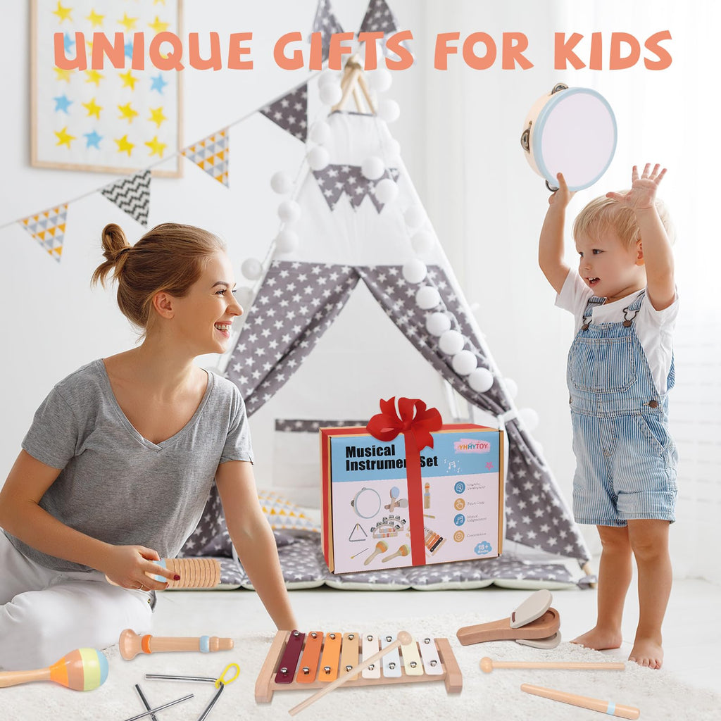 YHHYTOY Montessori Toys Wooden Baby Musical Instruments Set for Toddlers | 18 Month Old Toys Toddler Percussion Instruments, Xylophone Maracas Tambourine Birthday Christmas Gifts for Girls Boys Kids