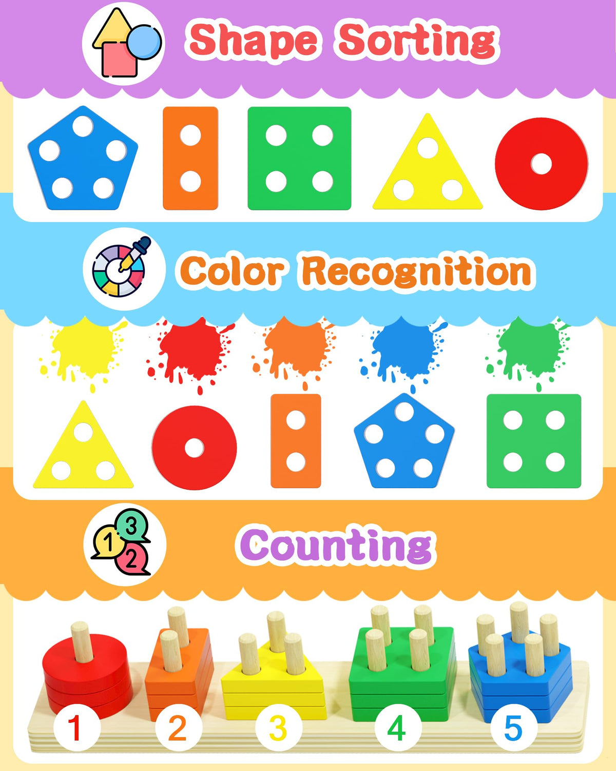 Montessori Toys for 1 2 3 Year Old Boy Girl, Toddler Learning Toys Gifts | Montessori Sensory Toys, Toddler Toy 2-3, Boy Girl Birthday Gifts, Wooden Block, Puzzle, Shape Sorter, Toddler Activities