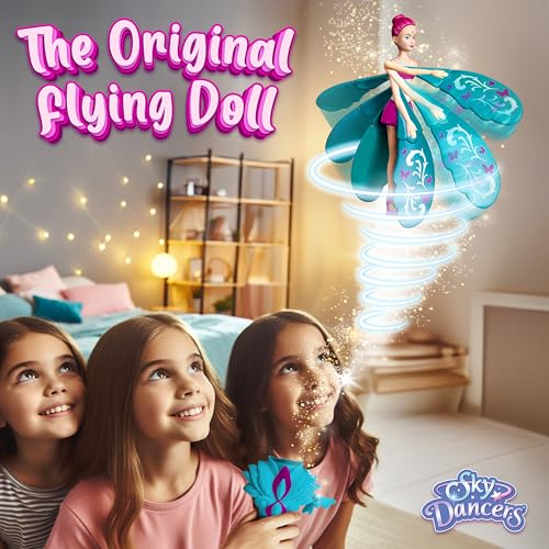 Sky Dancers Flying Doll, Pull-String Toy, No Batteries, Turquoise Twinkle | Really flies; Pull-string powered; No batteries; Indoor/outdoor play; Screen-free fun; Ages 6+, retro