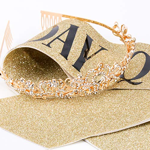 COCIDE Birthday Decorations for Women Sash and Tiara Crown for Party Gold | Happy Birthday Crowns for Adult Women, Party Decor Kit, Rhinestone Headband, Glitter Crystal Hair Accessories, Cake Topper
