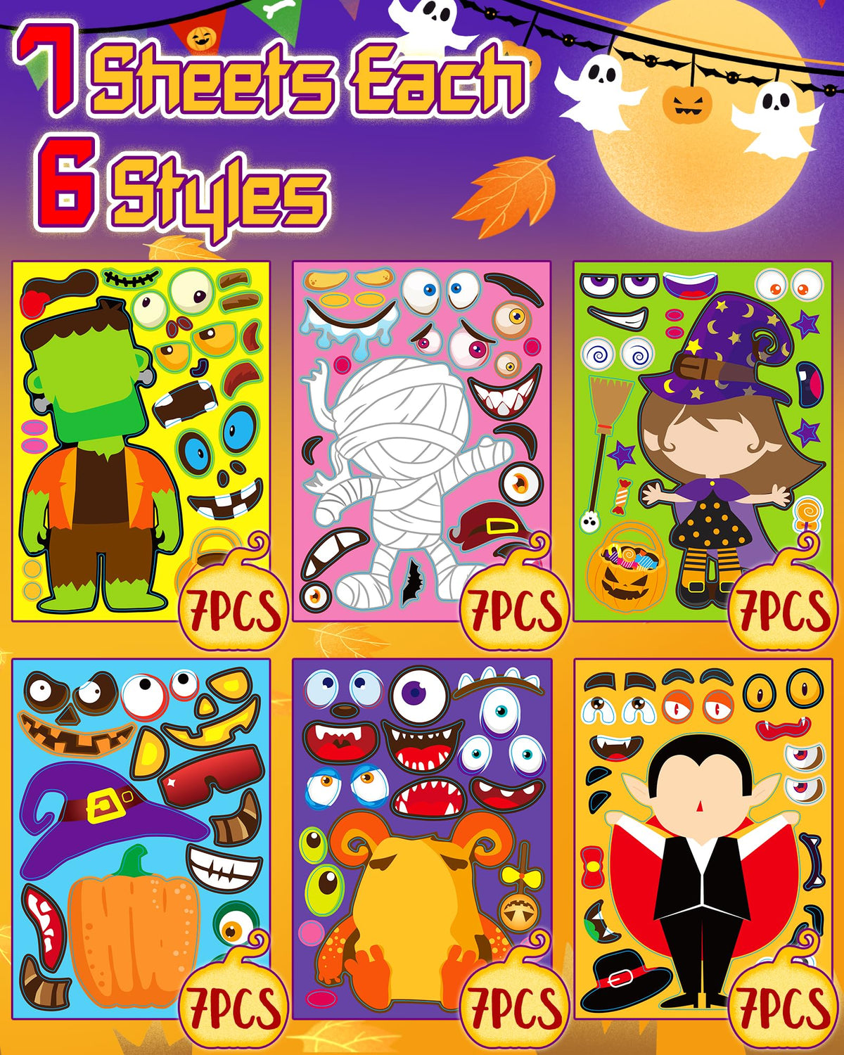 42 Sheets Halloween Party Favors Stickers for Kids, Halloween Crafts Treats | Make Your Own Face Stickers, Non Candy Halloween Goodie Bag Stuffers, Halloween Toys Gifts Activities Prizes for Kids Party