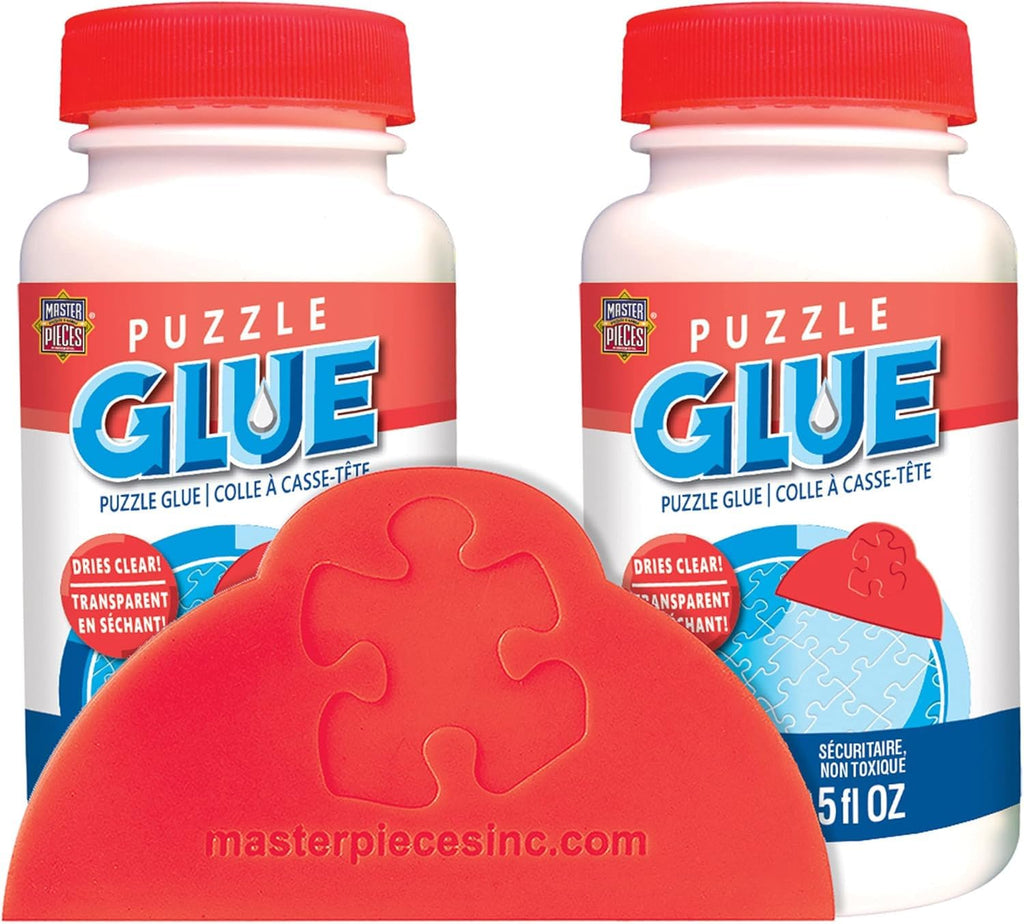 MasterPieces – Puzzle Glue with Wide Plastic Spreader, Easy to Apply, Dries Quick and Clear, Protects Finished Jigsaw Puzzles, Water-Soluble, 2 Pack, 5 oz Each