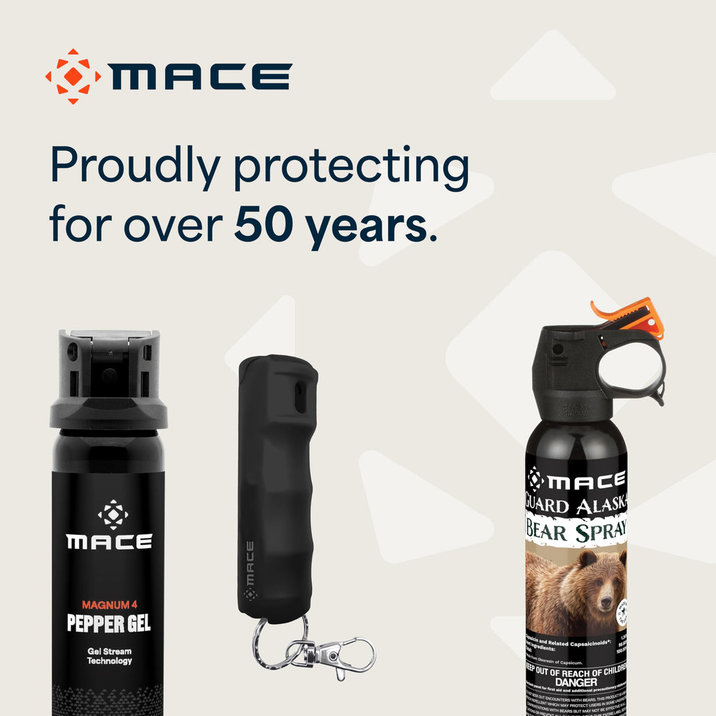 Mace Pepper Spray - Maximum Police Strength OC with UV Dye, Fast Flip Top, Ergonomic Finger Grip, Easy Carry Keychain, 12 Feet Range, 0.42 oz Compact Model, Self Defense Pepper Spray for Women & Men