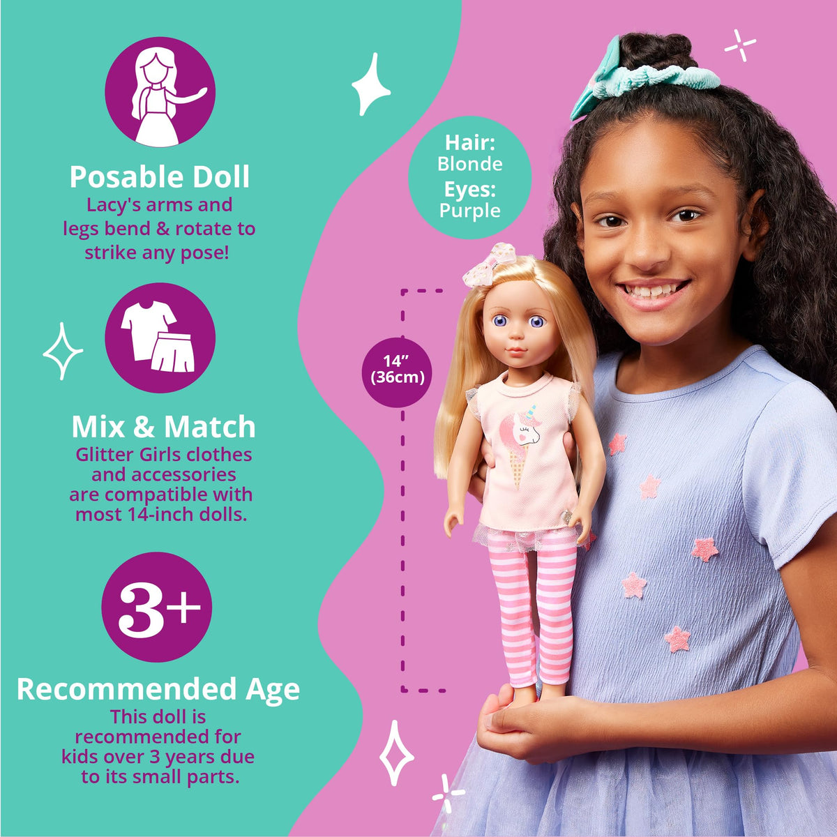 Glitter Girls 14-Inch Fashion Doll Lacy, Blonde Hair, Pink Outfit, Dolls