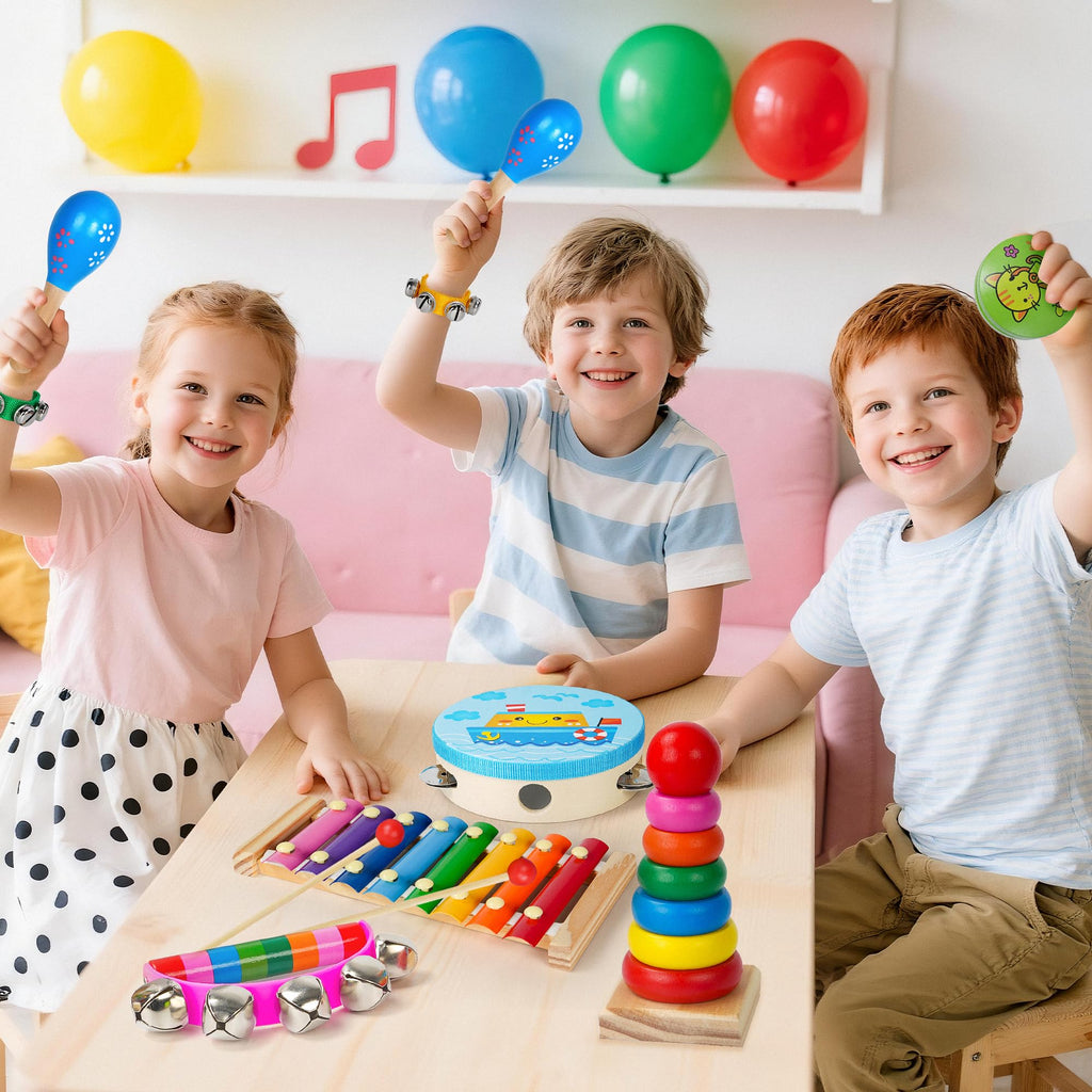 Childom Wooden Musical Instruments Set, Preschool Percussion Instrument Kit | Educational Music Learning Toy Set, Christmas Birthday Gift for Boys and Girls Ages 3 and Up, Includes Xylophone,Bells & Drum