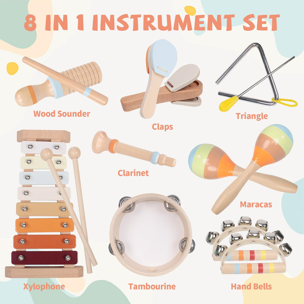 YHHYTOY Montessori Toys Wooden Baby Musical Instruments Set for Toddlers | 18 Month Old Toys Toddler Percussion Instruments, Xylophone Maracas Tambourine Birthday Christmas Gifts for Girls Boys Kids