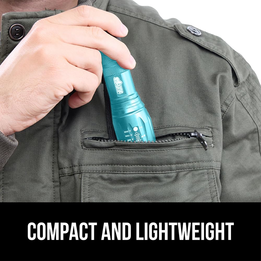 GORILLA GRIP Powerful LED Tactical Flashlight, Turquoise | Water Resistant 750 FT Lumen, 5 Adjustable Modes, Ultra Bright Zoom , Small Mini Flashlights, Camping, Night Dog Walking