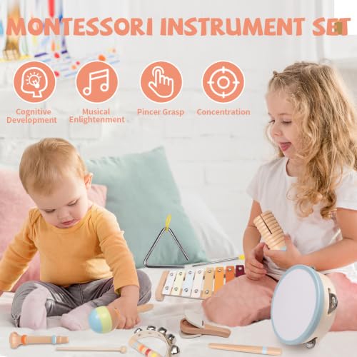 YHHYTOY Montessori Toys Wooden Baby Musical Instruments Set for Toddlers | 18 Month Old Toys Toddler Percussion Instruments, Xylophone Maracas Tambourine Birthday Christmas Gifts for Girls Boys Kids