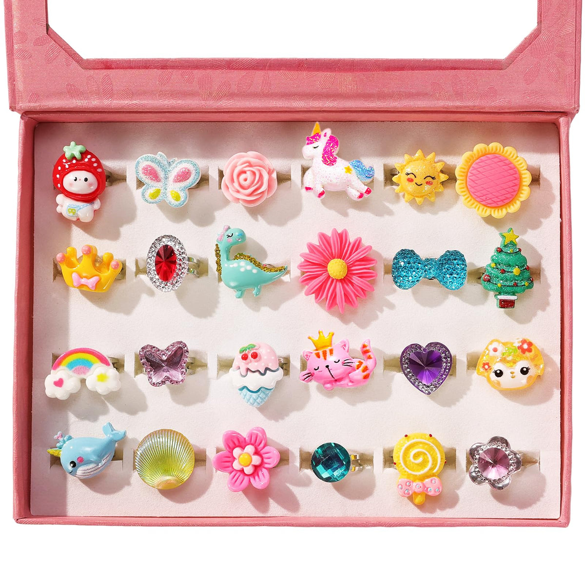 PinkSheep Little Girl Jewel Rings in Box,24 Lovely Girls Rings | Adjustable,No Duplication, Girl Pretend Play and Dress Up Rings,Birthday Christmas Gift