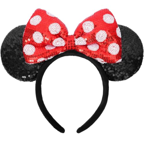 UNSPAZ Mouse Ears Headbands, Sequin Mouse Ears for Women Girls Boys, Shiny Bow Headband for Cosplay Costume Party Decorations Hair Accessories (Polka Dots)