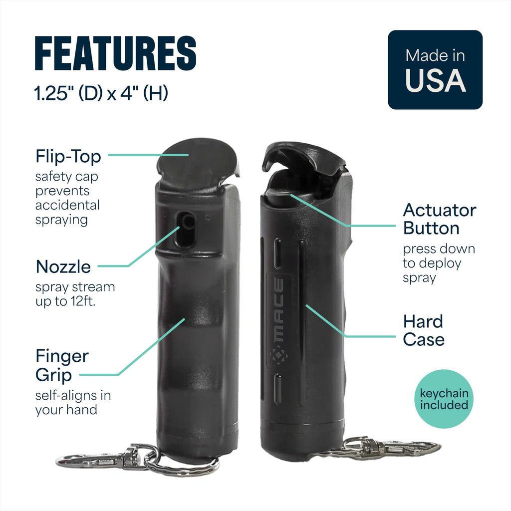 Mace Pepper Spray - Maximum Police Strength OC with UV Dye, Fast Flip Top, Ergonomic Finger Grip, Easy Carry Keychain, 12 Feet Range, 0.42 oz Compact Model, Self Defense Pepper Spray for Women & Men