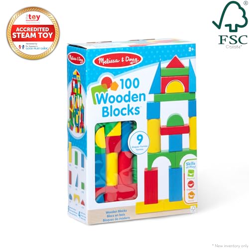 Melissa & Doug 100 Wooden Building Blocks with Storage Box | 100 Pieces, Wooden Blocks In 4 Colors & 9 Shapes, Montessori Toys, Construction Play, Toddler Learning Toys for Kids, Ages 2+