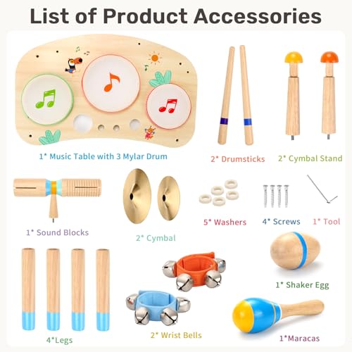 Wingyz Kids Drum Set, 11-in-1 Wooden Musical Instruments for Toddlers | Low-noise Montessori Music Toys with Drums, Cymbals, Maracas and Wrist Bells for Rhythm play,1st birthday gifts