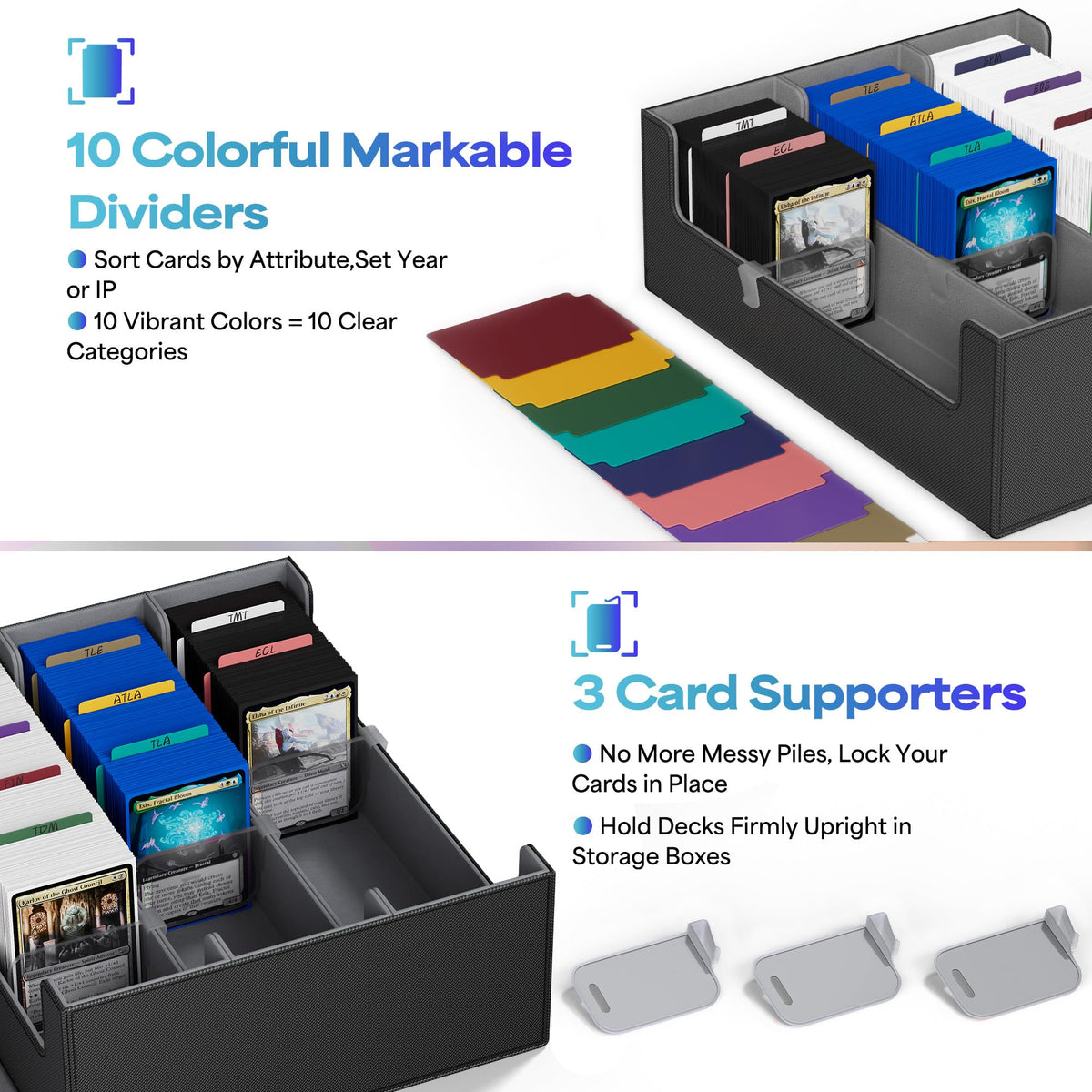 UAONO Trading Card Storage Box Holds 2400+ Cards, Bulk Card Storage | Magnetic Closure PU Leather Card Organizer with 10 Dividers & 3 Stoppers for MTG, PTCG, TCG, Sports Cards (Black)