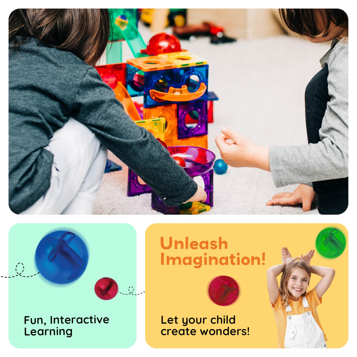 PicassoTiles 100 Piece Marble Run Magnetic Tiles Race Track STEM Ages 3+ | BPA-free ABS plastic, reinforced edges, curved slopes and U-turns, steel balls included, open-ended maze layouts, shared play