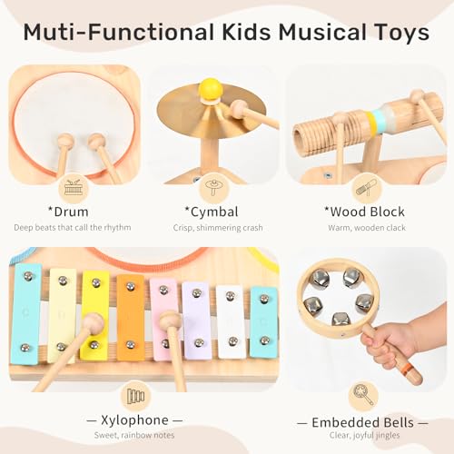 WINGYZ Kids Drum Set, 9-in-1 Montessori Toys | Wooden Musical Instruments for Toddlers, Baby Musical Toys with Drums, Xylophone, Helps Hand-Eye Coordination