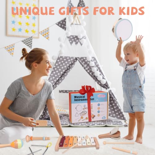 YHHYTOY Montessori Toys Wooden Baby Musical Instruments Set for Toddlers | 18 Month Old Toys Toddler Percussion Instruments, Xylophone Maracas Tambourine Birthday Christmas Gifts for Girls Boys Kids
