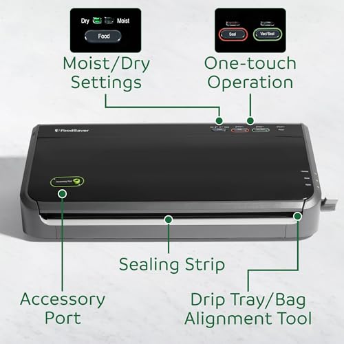 FoodSaver FM2100 Vacuum Sealer Machine, One-Touch Sealing, Roll Storage & Cutter, Dry & Moist Food, For Sous Vide Cooking, Accessory Port & Hose, Starter Bags & Roll Included