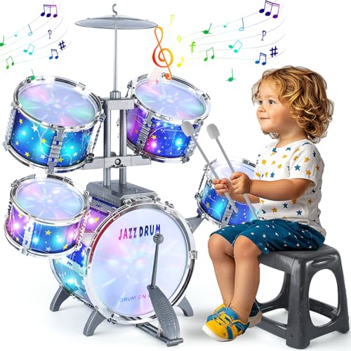 LinseyFun Upgraded Kids Drum Set for Toddlers 3-5, Light-up Jazz Drum Toy | Upgraded Kids Drum Set for Toddlers 3-5, Jazz Ages 4-6, Star Light up Musical Instrument Toy for Boys Girls 5-7 (All Plastic)