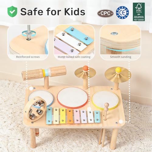 WINGYZ Kids Drum Set, 9-in-1 Montessori Toys | Wooden Musical Instruments for Toddlers, Baby Musical Toys with Drums, Xylophone, Helps Hand-Eye Coordination