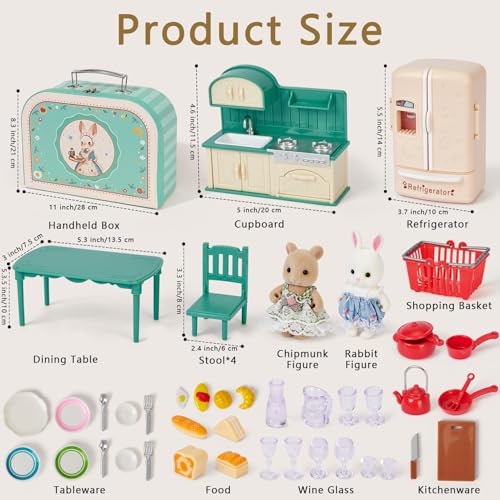 Dollhouse Kitchen Furniture Suitcase Set for Kids, 2 Flexible Dolls/Dining Tble/Kitchenware/Tableware/Refrigerator/Bread, Pretend Play Dollhouse Accessories Christmas Birthday Gift for Girls Ages 3+