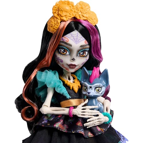Monster High Skelita Calaveras Doll | Skeleton in Colorful Papel Picado Dress with Pet Dog Candelita & 7 Accessories like Sketch Book, Snack & Messenger Bag